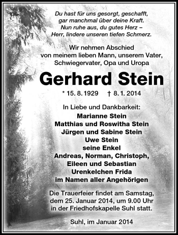 Traueranzeige von Gerhard Stein von Südthüringer Presse
