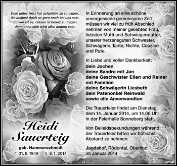 Traueranzeige von Heidi Sauerteig von Südthüringer Presse
