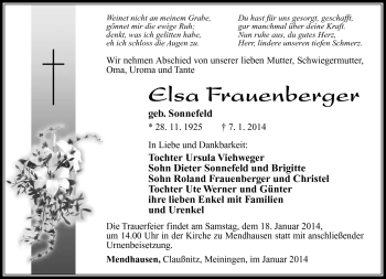 Traueranzeige von Elsa Frauenberger von Südthüringer Presse
