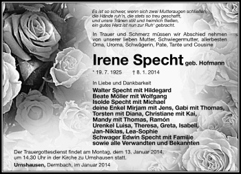 Traueranzeige von Irene Specht von Südthüringer Presse