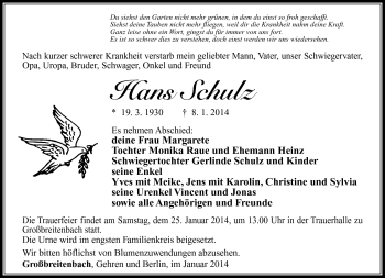 Traueranzeige von Hans Schulz von Südthüringer Presse