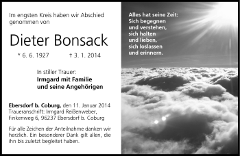 Traueranzeige von Dieter Bonsack von Neue Presse Coburg