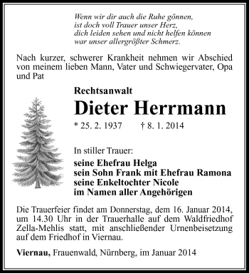 Traueranzeige von Dieter Herrmann von Südthüringer Presse