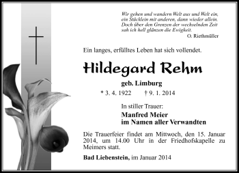 Traueranzeige von Hildegard Rehm von Südthüringer Presse