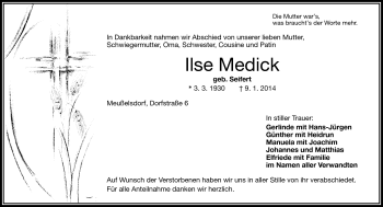Traueranzeige von Ilse Medick von Frankenpost