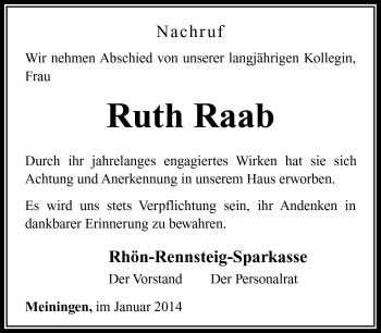 Traueranzeige von Ruth Raab von Südthüringer Presse