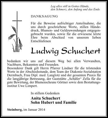 Traueranzeige von Ludwig Schuchert von Südthüringer Presse