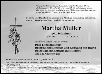 Traueranzeige von Marth Müller von Neue Presse Coburg
