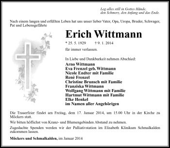 Traueranzeige von Erich Wittmann von Südthüringer Presse