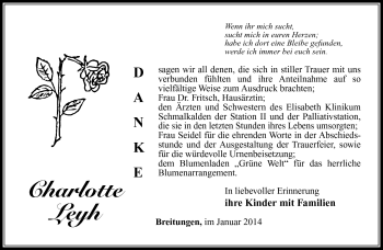 Traueranzeige von Charlotte Leyh von Südthüringer Presse