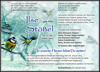 Traueranzeige von Ilse Stößel von Südthüringer Presse