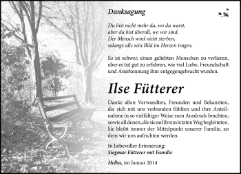 Traueranzeige von Ilse Fütterer von Südthüringer Presse