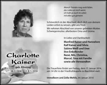 Traueranzeige von Charlotte Kaiser von Südthüringer Presse