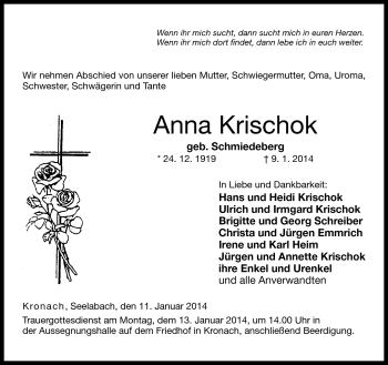 Traueranzeige von Anna Krischok von Neue Presse Coburg