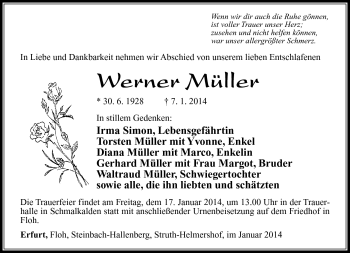Traueranzeige von Werner Müller von Südthüringer Presse