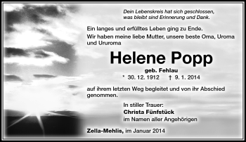 Traueranzeige von Helene Popp von Südthüringer Presse