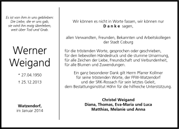 Traueranzeige von Werner Weigand von Neue Presse Coburg