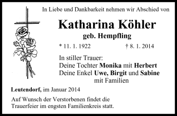 Traueranzeige von Katharina Köhler von Neue Presse Coburg