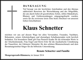 Traueranzeige von Klaus Schnetter von Südthüringer Presse