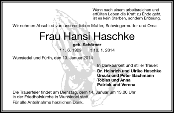 Traueranzeige von Hansi Haschke von Frankenpost