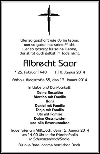 Traueranzeige von Albrecht Saar von Frankenpost