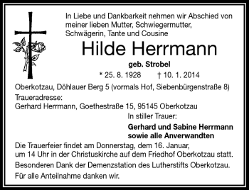 Traueranzeige von Hilde Herrmann von Frankenpost