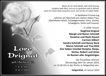 Traueranzeige von Lore Drignat von Südthüringer Presse