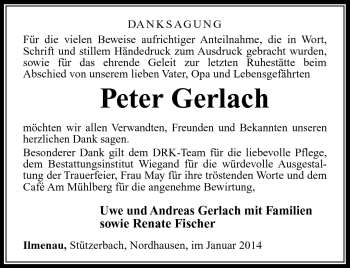 Traueranzeige von Peter Gerlach von Südthüringer Presse