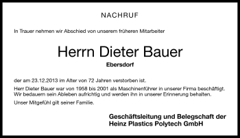 Traueranzeige von Dieter Bauer von Neue Presse Coburg