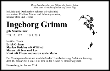 Traueranzeige von Ingeborg Grimm von Südthüringer Presse