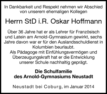 Traueranzeige von Oskar Hoffmann von Neue Presse Coburg
