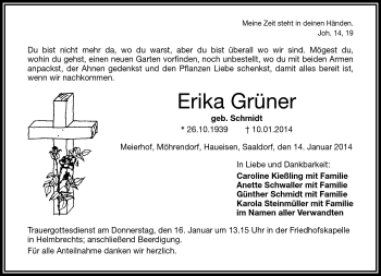 Traueranzeige von Erika Grüner von Frankenpost
