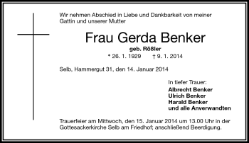 Traueranzeige von Gerda Benker von Frankenpost