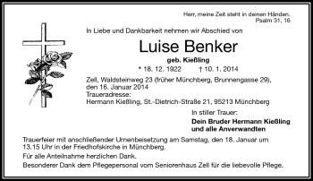 Traueranzeige von Luise Benker von Frankenpost