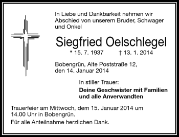 Traueranzeige von Siegfried Oelschlegel von Frankenpost