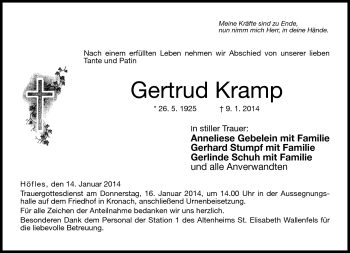 Traueranzeige von Gertrud Kramp von Neue Presse Coburg