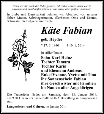 Traueranzeige von Käte Fabian von Südthüringer Presse
