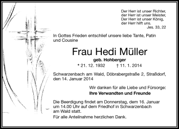 Traueranzeige von Hedi Müller von Frankenpost
