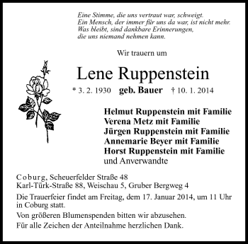 Traueranzeige von Lene Ruppenstein von Neue Presse Coburg
