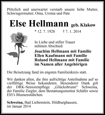 Traueranzeige von Else hellmann von Südthüringer Presse