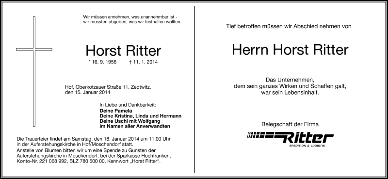  Traueranzeige für Horst Ritter vom 15.01.2014 aus Frankenpost