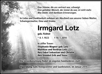 Traueranzeige von Irmgard Lotz von Südthüringer Presse