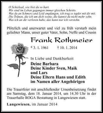 Traueranzeige von Frank Rothmeier von Südthüringer Presse