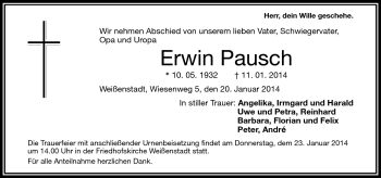 Traueranzeige von Erwin Pausch von Frankenpost