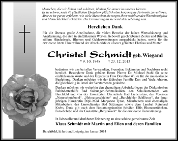 Traueranzeige von Christel Schmidt von Südthüringer Presse