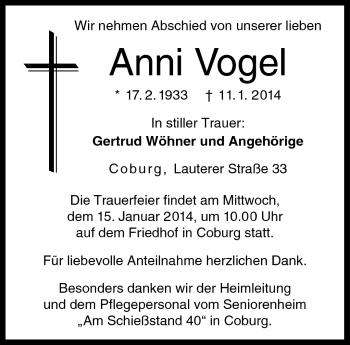 Traueranzeige von Anni Vogel von Neue Presse Coburg