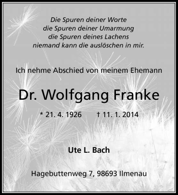 Traueranzeige von Wolfgang Franke von Südthüringer Presse