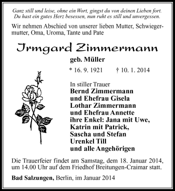Traueranzeige von Irmgard Zimmermann von Südthüringer Presse