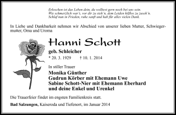 Traueranzeige von Hanni Schott von Südthüringer Presse