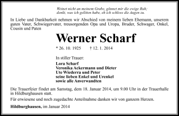 Traueranzeige von Werner Scharf von Südthüringer Presse